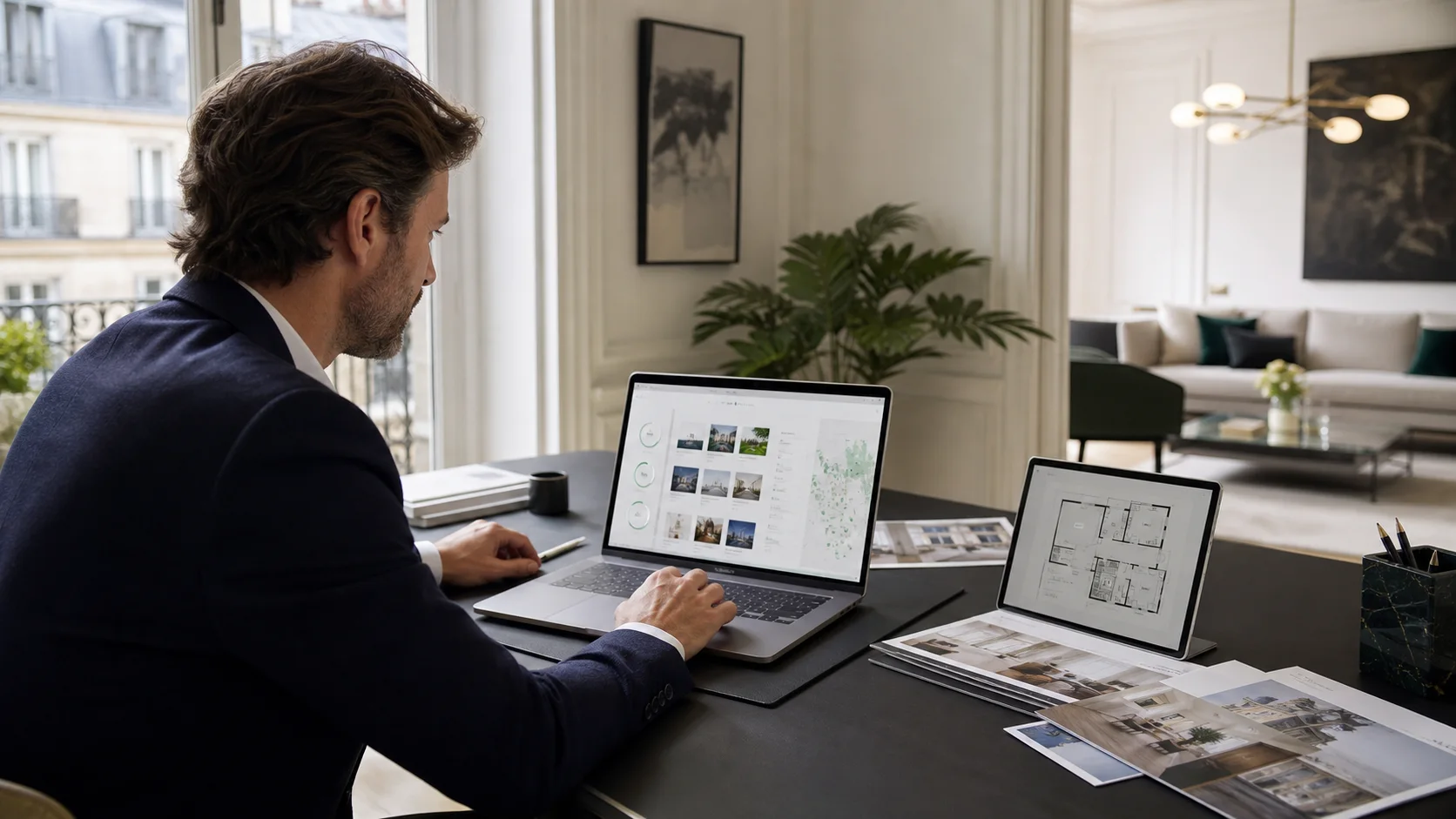 Agent immobilier comparant des outils IA sur un ordinateur dans un bureau premium avec visuels de biens