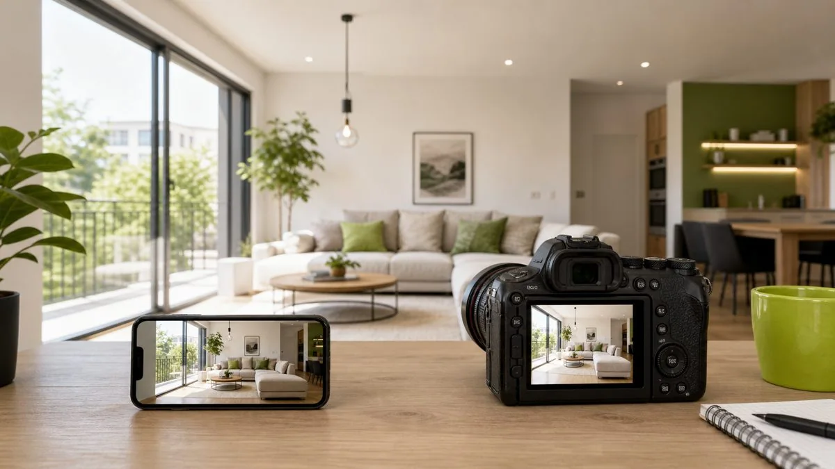 Illustration LE LAB IMMO comparant smartphone et appareil photo