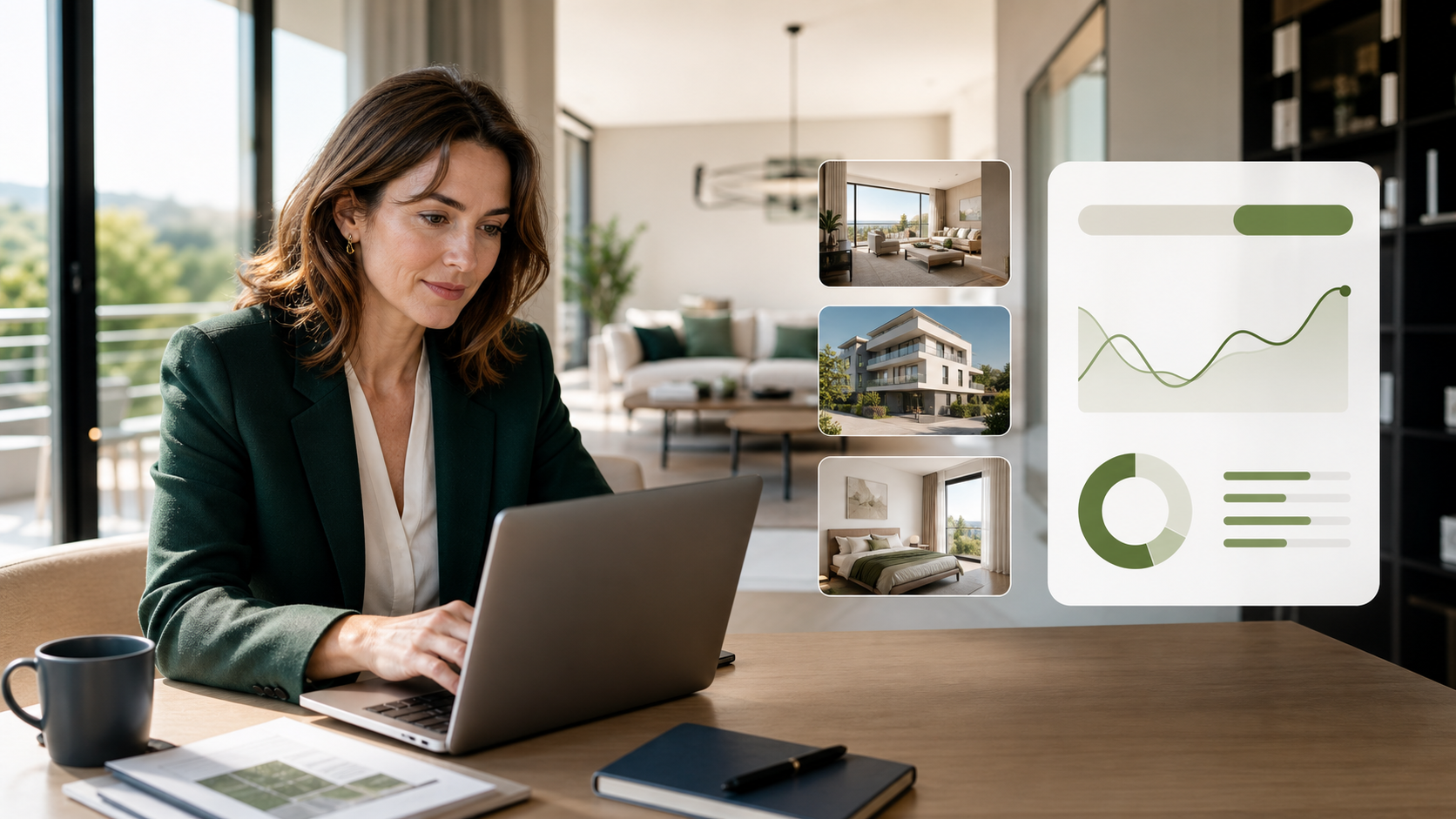 Agent immobilier préparant un titre d'annonce avec des visuels de bien et des indicateurs abstraits